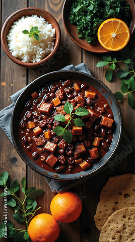 Traditional Brazilian Feijoada with Rice, Orange Slices, and Collard Greens
