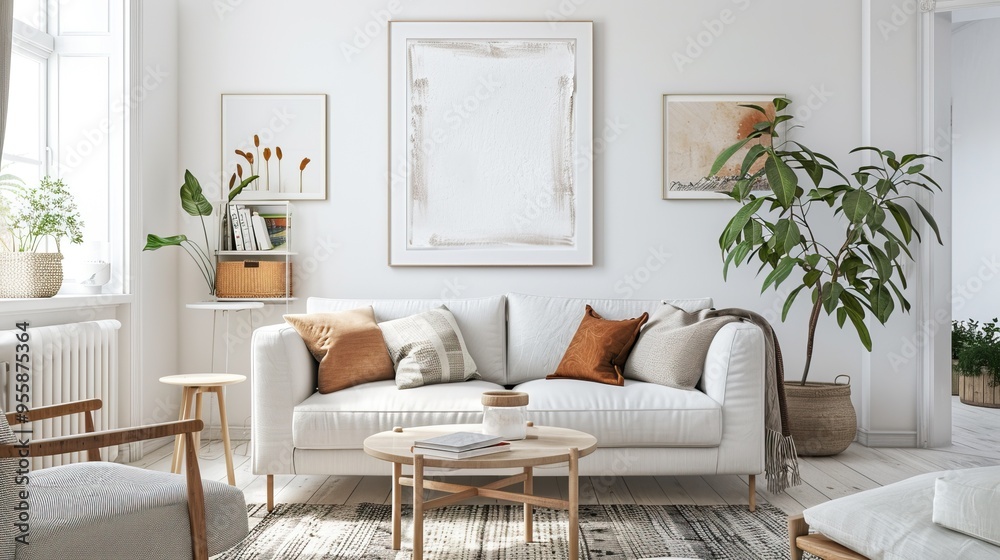 Naklejka premium Modern Living Room with White Sofa and Natural Elements