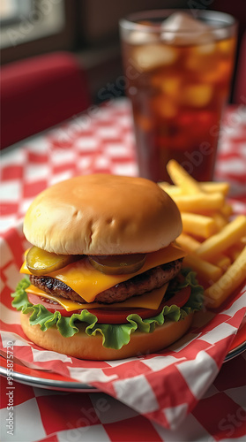 American Diner Style Cheeseburger with Fries and Soda in Classic Setting photo