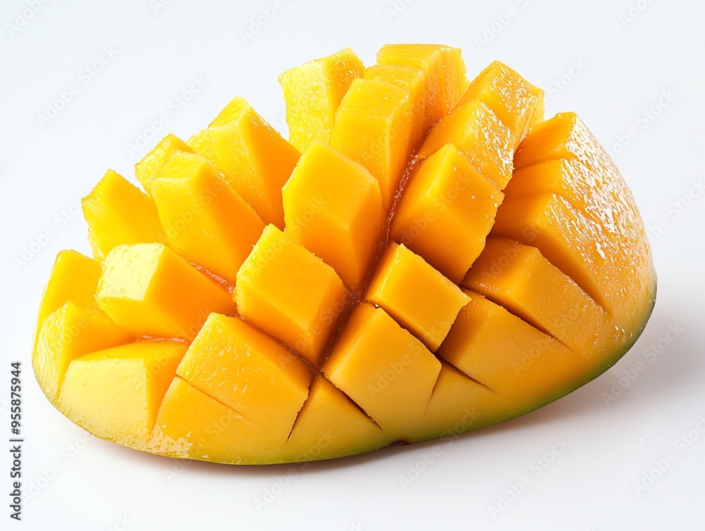 A ripe mango cut into small, neat squares, showcasing its vibrant yellow flesh. A ripe mango cut into small, neat squares, showcasing its vibrant yellow flesh.