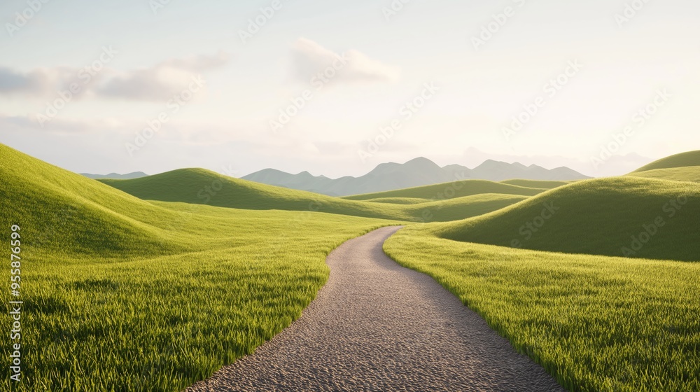 Fototapeta premium A winding path through green rolling hills under a clear sky in the early morning light reveals nature's beauty at dawn.