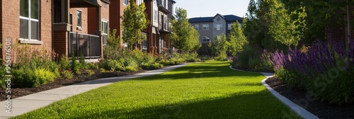 A close-up view of a beautifully landscaped pathway in a residential development, showcasing lush green grass, vibrant flowers, and mature trees, symbolizing tranquility, community, and a sense of bel photo