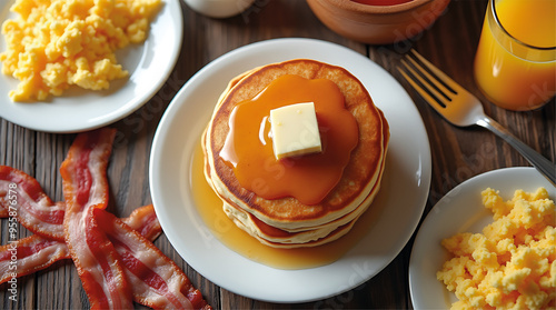 Classic American Breakfast with Pancakes, Bacon, and Maple Syrup photo