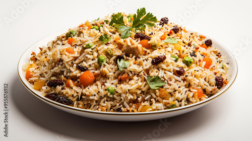 A plate of spiced rice dish often made with chicken, lamb, or goat, mixed with a blend of spices such as cardamom, cloves, and cinnamon. It is often garnished with nuts and raisins. Ai Image.