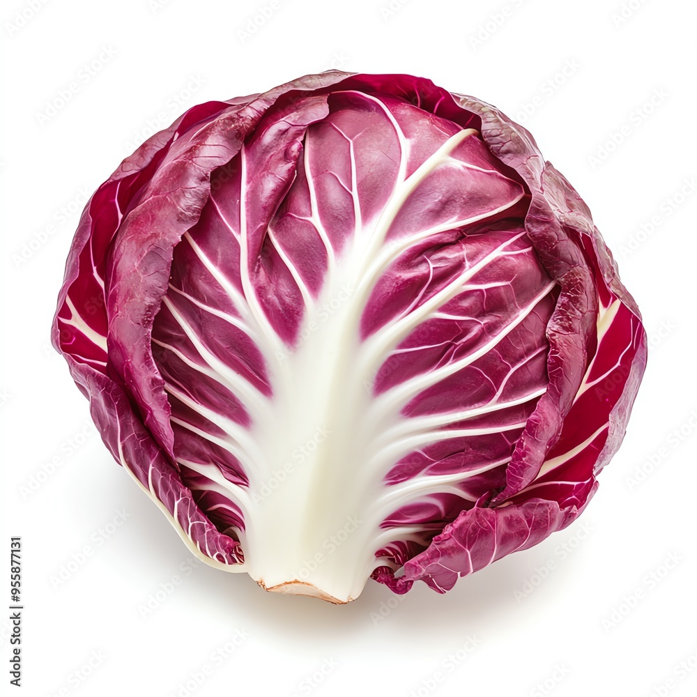Obraz premium A whole red radicchio with white veins, isolated on white background.