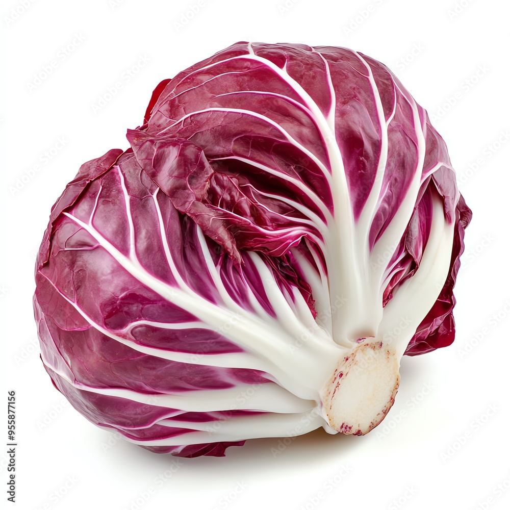 Obraz premium A whole red radicchio with white veins, isolated on a white background.