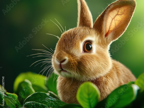 Endangered Amami rabbit on Japanese island  in a closeup shot with lush, green foliage and soft natural lighting photo