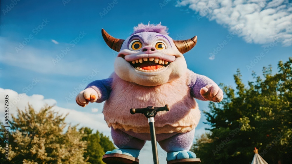 Fototapeta premium Purple Furry Monster with Horns on a Scooter