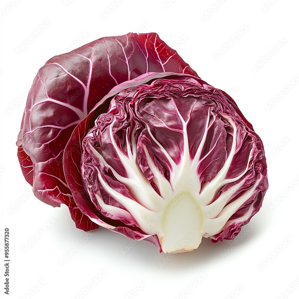 Obraz premium Close-up of a fresh, vibrant red radicchio with white veins, isolated on white background.