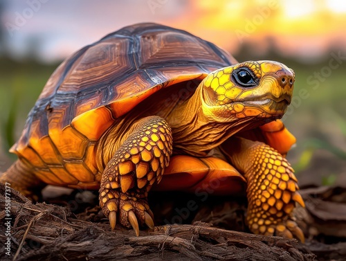 Endangered Ploughshare tortoise in Madagascar  in a closeup shot with the tortoise in its natural, richly textured habitat photo