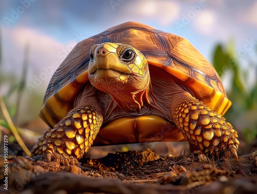 Endangered Ploughshare tortoise in Madagascar  in a closeup shot with the tortoise in its natural, richly textured habitat photo