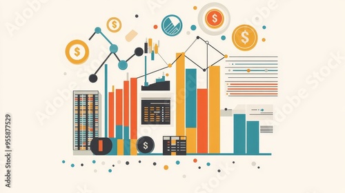 A colorful and modern illustration depicting data visualization concepts like charts, graphs, and financial symbols, symbolizing business growth, financial performance, and data analysis.