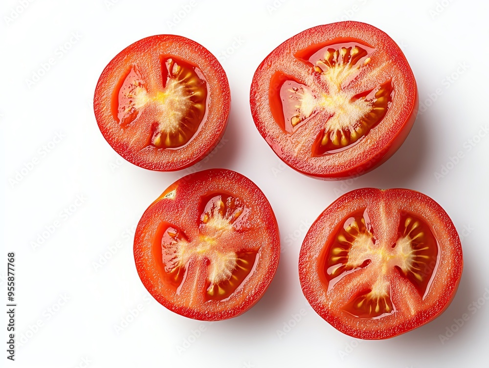 Four fresh, red tomato halves arranged on a white background. Four fresh, red tomato halves arranged on a white background.