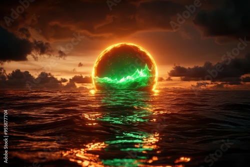 Rare green flash at sunset over ocean  captured in a dramatic, highcontrast shot with the vibrant green flash over the horizon photo