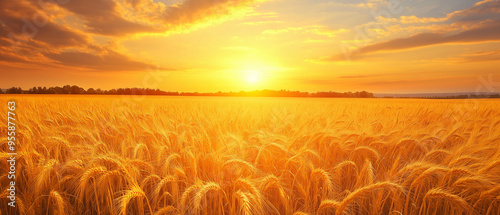 Uma imagem pitoresca de um campo de trigo dourado sob o pôr do sol brilhante, capturando a essência da generosidade da natureza e a calma do campo, invocando paz e abundância photo