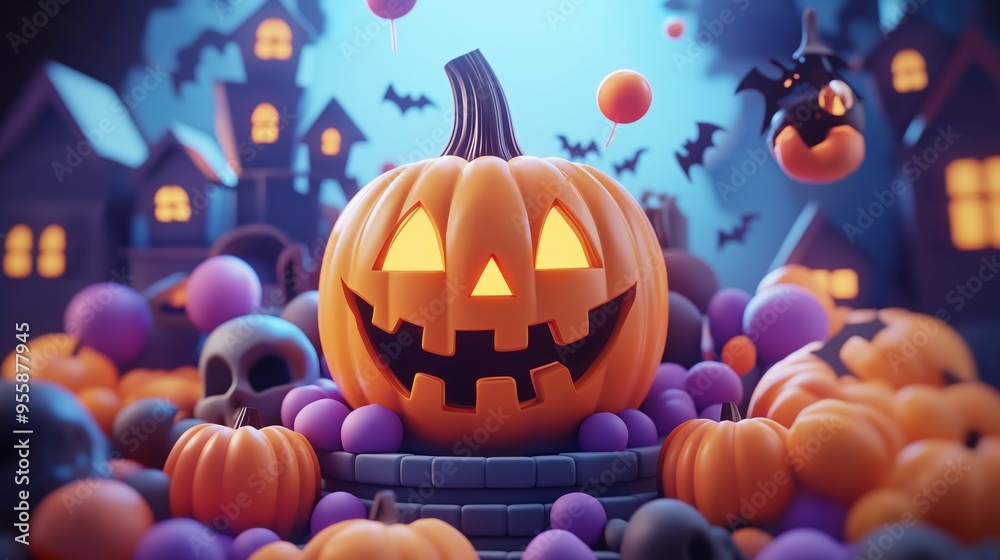 A vibrant display of Halloween decorations featuring a smiling pumpkin surrounded by colorful balls and spooky elements at night, 3d illustration. A vibrant display of Halloween decorations featuring a smiling pumpkin surrounded by colorful balls and spooky elements at night, 3d illustration.