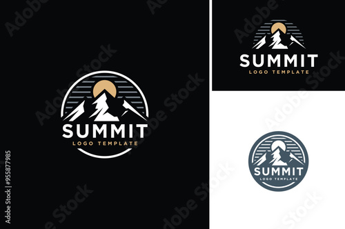Circular Emblem Label Logo design of Top Summit Peak with Sun or Moon for Mountain Adventure Outdoor Business