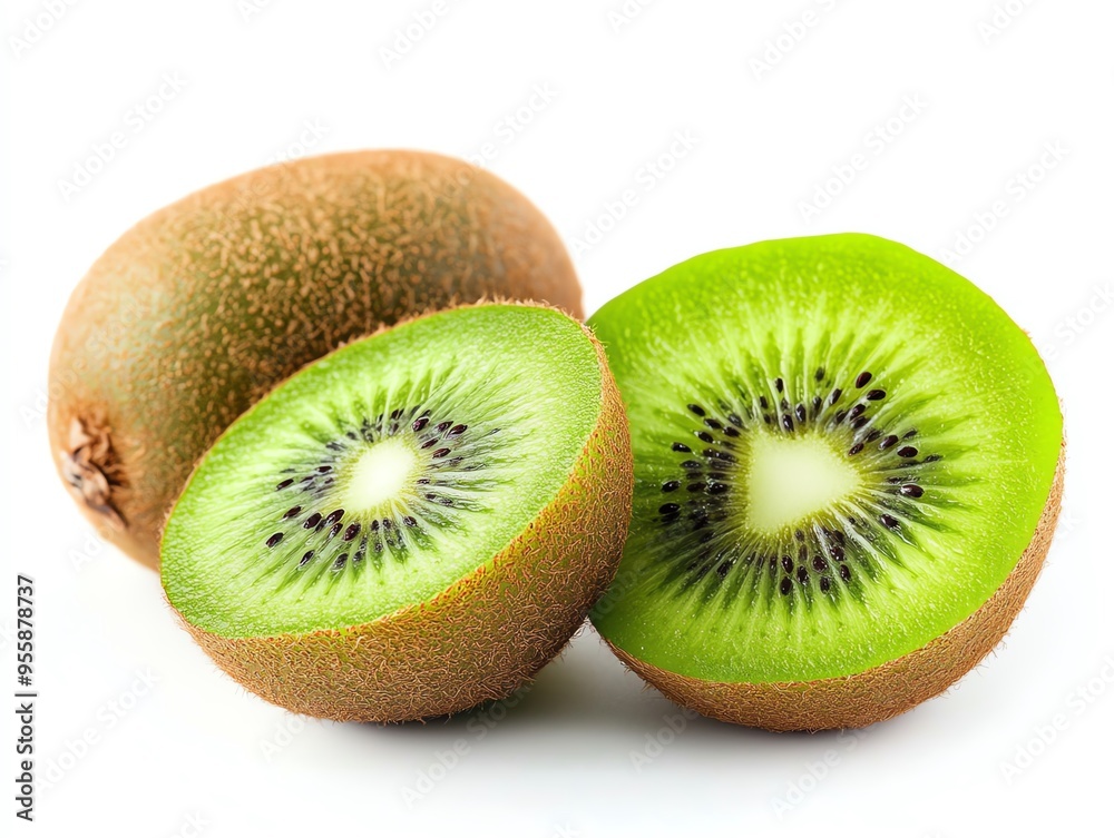 Obraz premium Fresh, ripe kiwi fruit, one whole and two halves, isolated on white background.