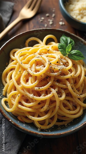 Italian Pasta Carbonara with Parmesan and Black Pepper in Classic Style photo