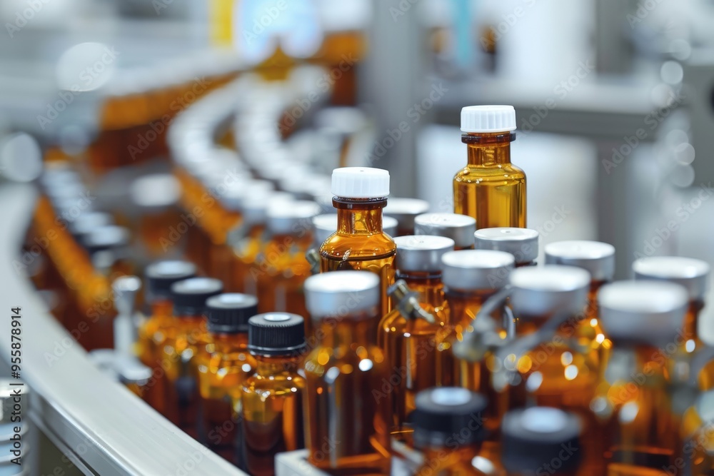 A row of bottles with white lids on a conveyor belt, generative ai image A row of bottles with white lids on a conveyor belt, generative ai image