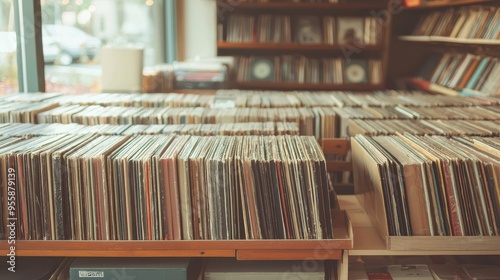 Vintage Vinyl Records Collection on Wooden Shelves