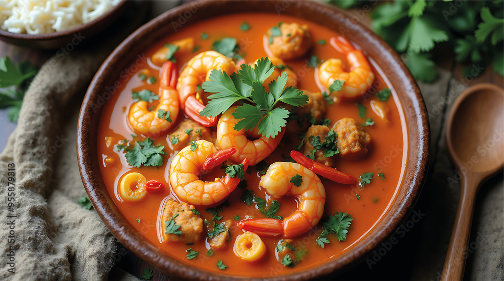 Seafood Moqueca Baiana with Rice and Farofa in Traditional Brazilian Style Seafood Moqueca Baiana with Rice and Farofa in Traditional Brazilian Style