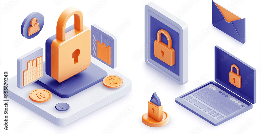 Digital Security Concept with Padlock and Devices Digital Security Concept with Padlock and Devices