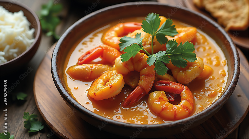 Seafood Moqueca Baiana with Rice and Farofa in Traditional Brazilian Style Seafood Moqueca Baiana with Rice and Farofa in Traditional Brazilian Style