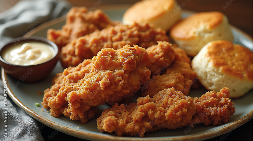 Southern Fried Chicken with Biscuits and Gravy in a Classic Comfort Food Setting Southern Fried Chicken with Biscuits and Gravy in a Classic Comfort Food Setting