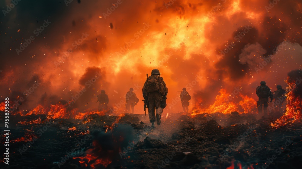 Fototapeta premium Soldiers Walking Through Fire and Smoke