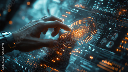 Plakat Enhancements through human-machine interfaces, highlighting the potential to augment human abilities with technology
