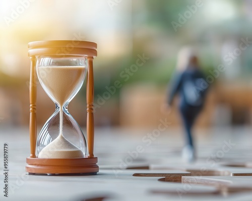 An hourglass symbolizes the passage of time, with a blurred figure walking in the background, highlighting life's fleeting moments. photo