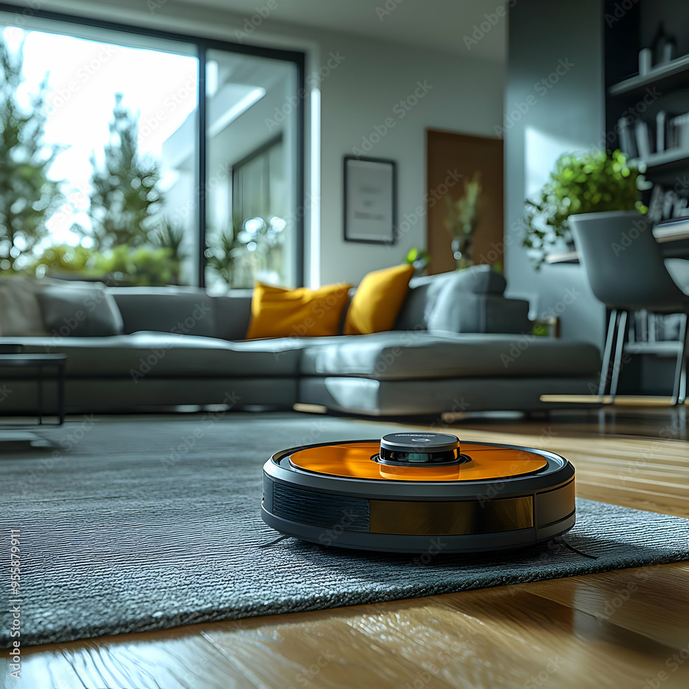 Robot Vacuum Cleaner on a Rug in a Living Room - 3D Illustration Robot Vacuum Cleaner on a Rug in a Living Room - 3D Illustration
