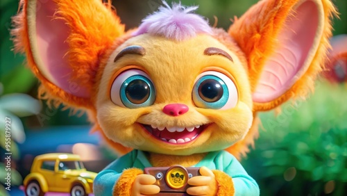 A Smiling Animated Furry Creature with Large Eyes Holding a Camera