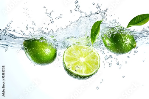 sparkling water with green limes flying, splash transparent water, white background