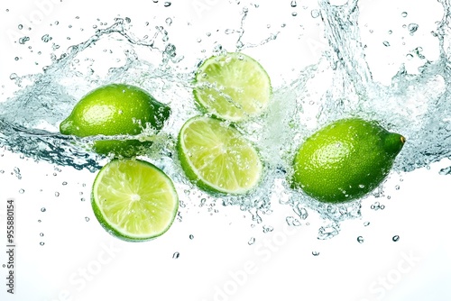 sparkling water with green limes flying, splash transparent water, white background
