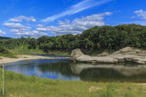 Summer view of strange rock formations near the Hwajeogyeon Pond of Hantan River near Pocheon-si, South Korea photo