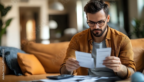 Man Carefully Reviews Bills and Calculates Expenses at Home