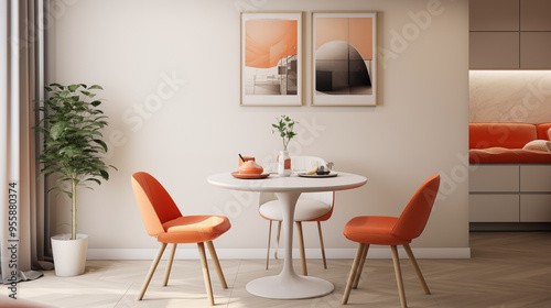 Modern Dining Room Interior Design with Orange Chairs and White Table