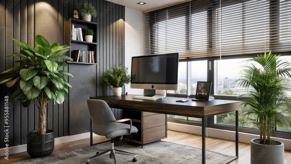 Fototapeta premium Modern Home Office with Large Window and Desk