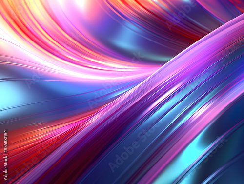 Abstract 3d render of light emitter glass with iridescent holographic neon vibrant gradient wave