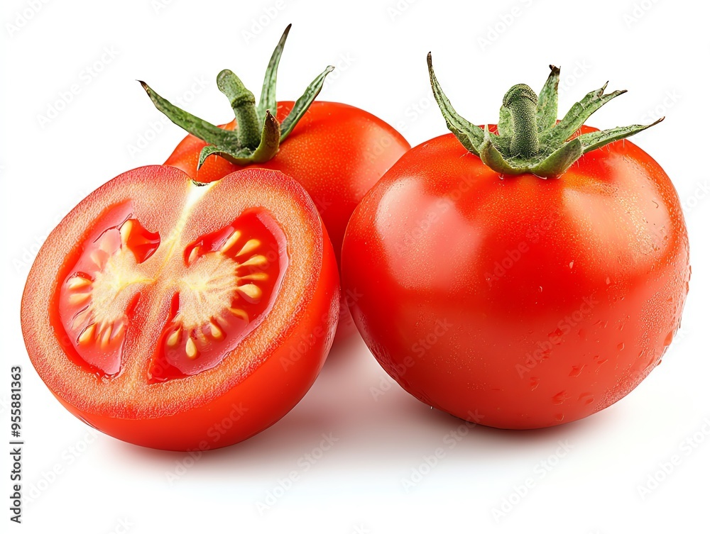 Two whole tomatoes and one halved tomato isolated on white background. Two whole tomatoes and one halved tomato isolated on white background.