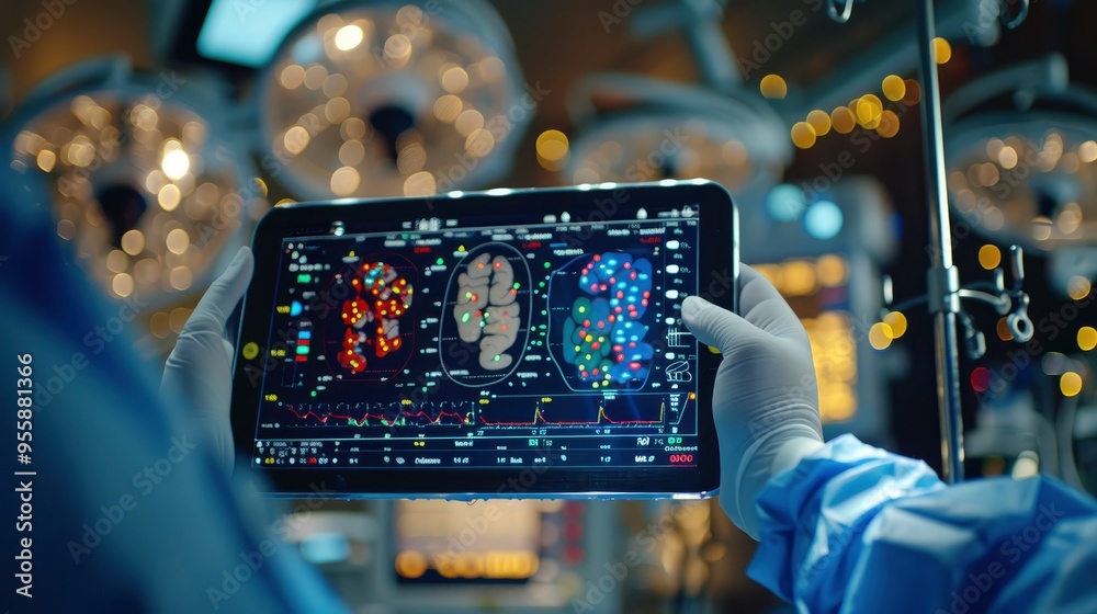 Fototapeta premium Surgeon Reviewing Brain Scan on Tablet in Operating Room