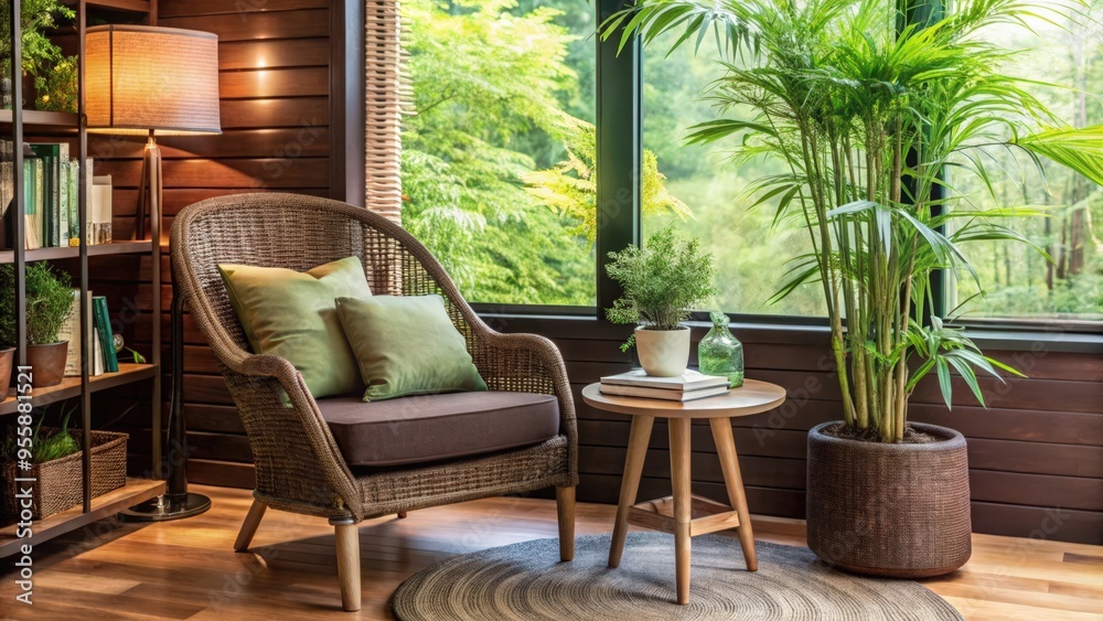 Fototapeta premium Cozy Wicker Armchair by Window with Greenery and Side Table