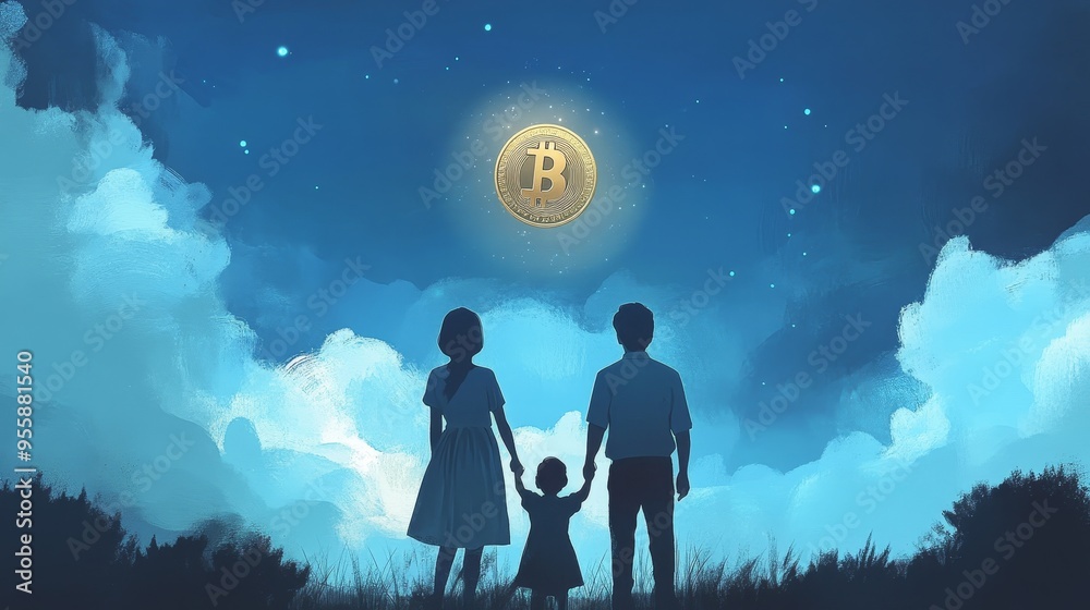 Fototapeta premium A family of three stands silhouetted against a night sky, holding hands and looking up at a bitcoin symbol glowing like a moon, symbolizing hope, financial security, future, family, and cryptocurrency
