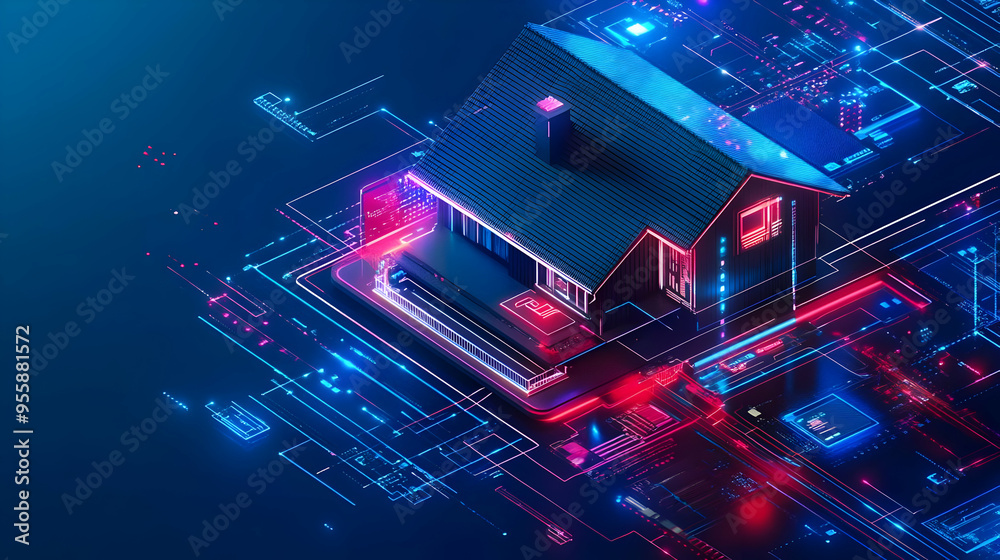 Cyberpunk Style 3D House Illustration with Neon Lights Cyberpunk Style 3D House Illustration with Neon Lights