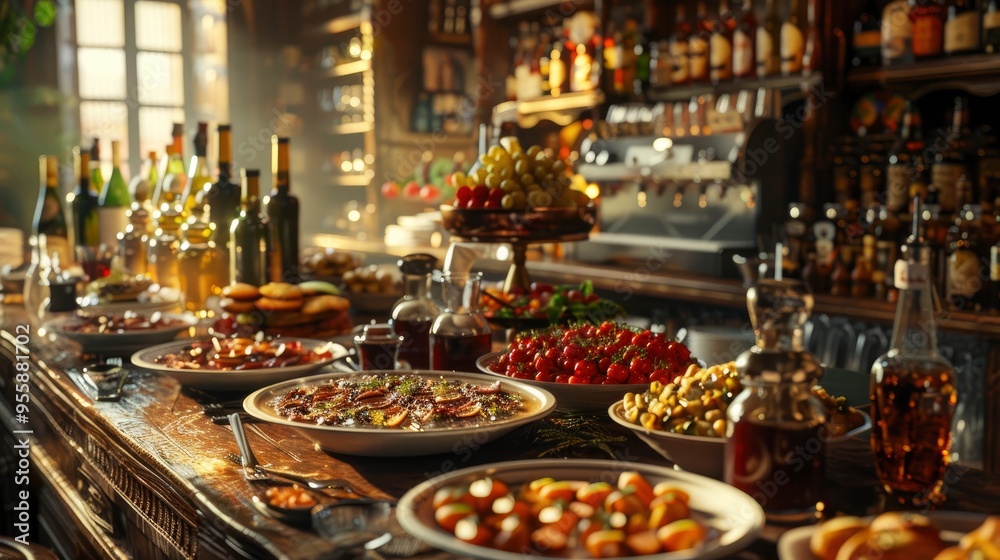Gourmet Tapas Bar Interior with Wine and Food Gourmet Tapas Bar Interior with Wine and Food