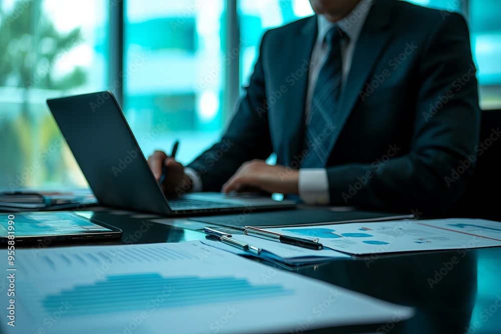 A senior executive in a tailored suit, holding a strategic meeting. Conference table filled with documents and laptops A senior executive in a tailored suit, holding a strategic meeting. Conference table filled with documents and laptops