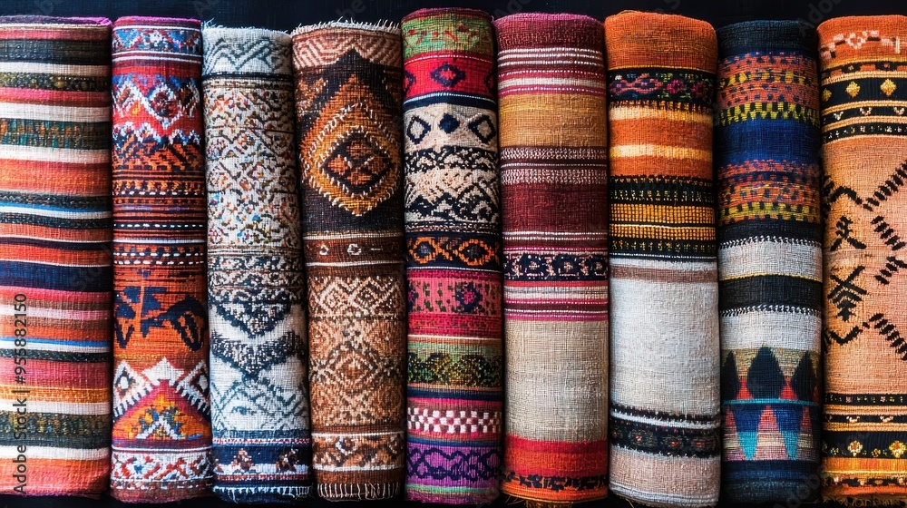 Colorful Rolled Up Rugs with Ethnic Patterns Colorful Rolled Up Rugs with Ethnic Patterns