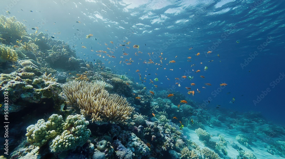 Fototapeta premium Underwater Coral Reef with Colorful Fish and Sunbeams